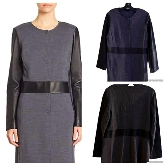 St John Collection Gray Textured Rayon Wool Leather Trim Coat Topper. Size 14 - Picture 1 of 12